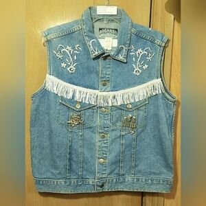 UpCycled Denim Vtg Breaker Jeans Vest Womens Med Y2K Fringe Floral Pewter Pins